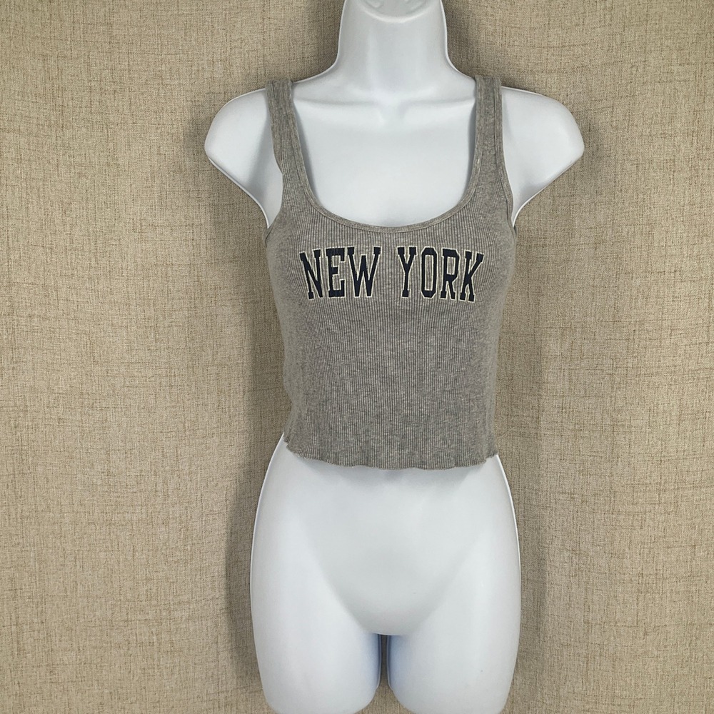 John Galt Tank Top Womens One Size Gray Cotton Ribbed New York Graphic Cropped